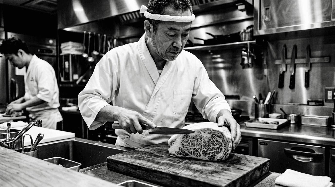 Master butcher inspecting A5 Wagyu